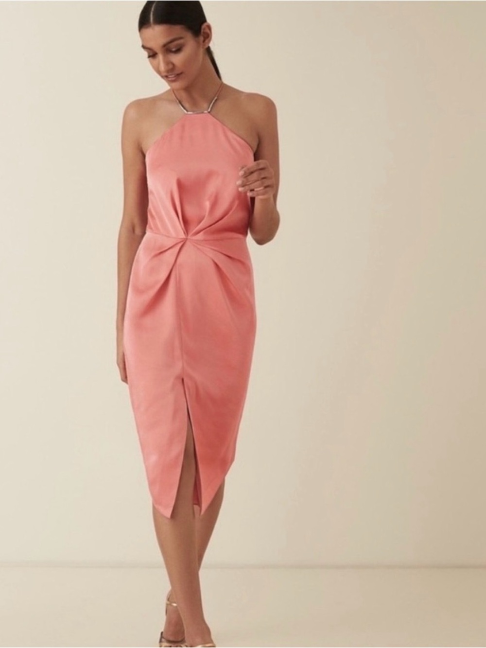 Reiss Halter Twist-Front Coral Midi Dress size US10